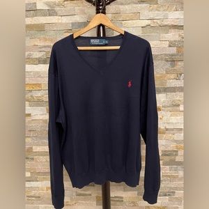 Polo Ralph Lauren Men’s XL Navy Blue V-Neck Long Sleeve 100% Pima Cotton Sweater